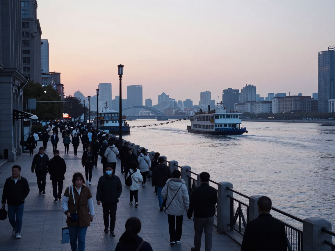 Busy Shanghai street scene before sunrise with chain ferry crossing river in in Shanghai, China