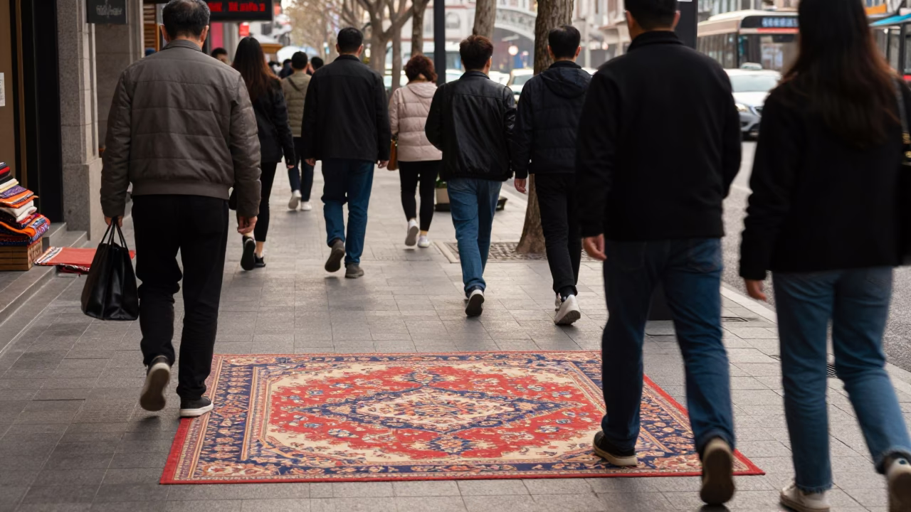 Busy Shanghai Street Scene Early Afternoon with Patterned Rug and Bridge Pier in in Shanghai, China