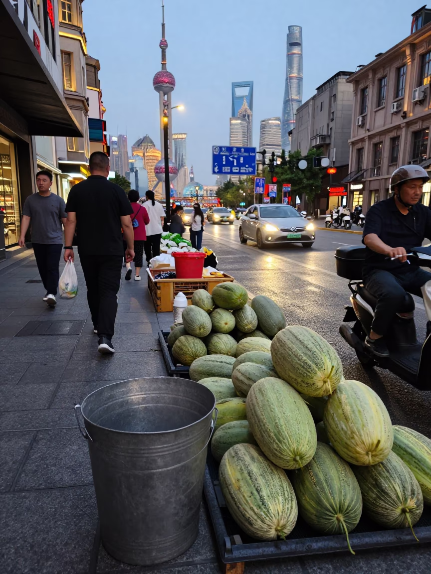 Busy Shanghai Street Scene Early Evening with Metal Bucket and Melons in in Shanghai, China