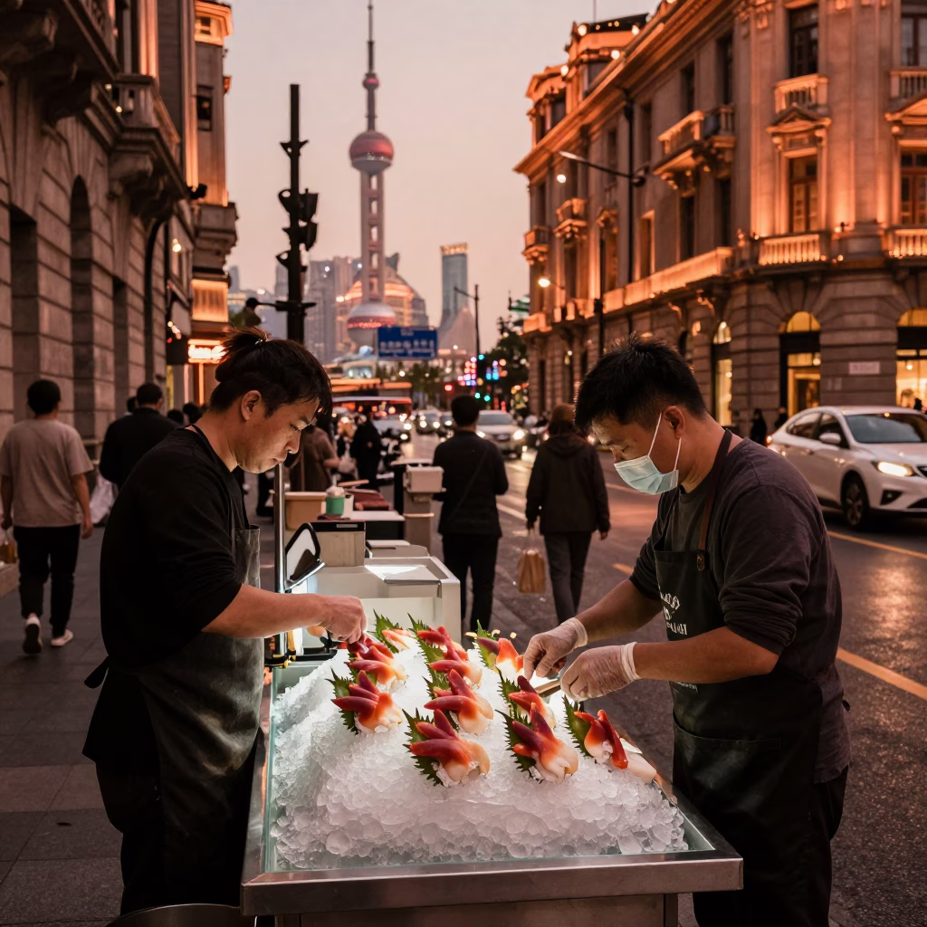 Busy Shanghai Street Scene in Copper Dusk Light with Glass Tabletop and Raincoats in in Shanghai, China
