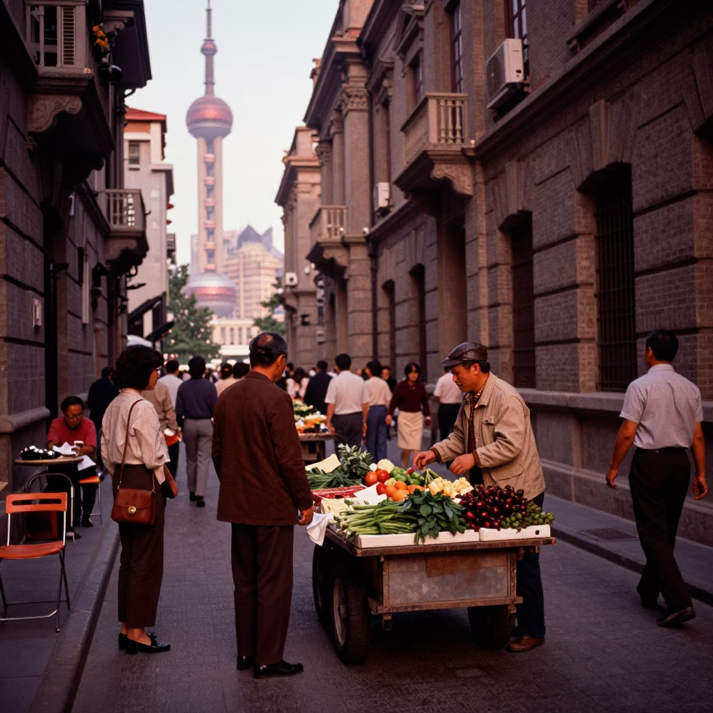 Busy Shanghai Street Scene in Copper Dusk Light with Local Vendor and Pedestrians in in Shanghai, China