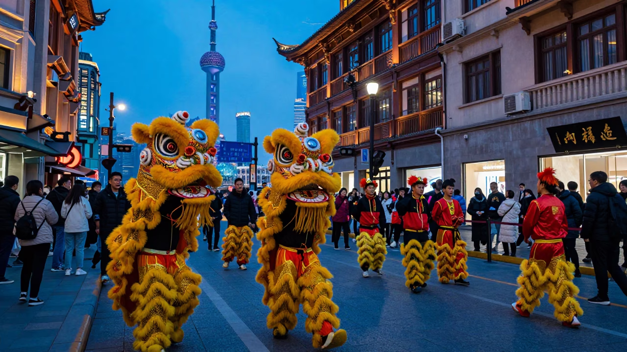Busy Shanghai Street Scene in Evening Blue Light with Traditional Lion Dance Performance in in Shanghai, China