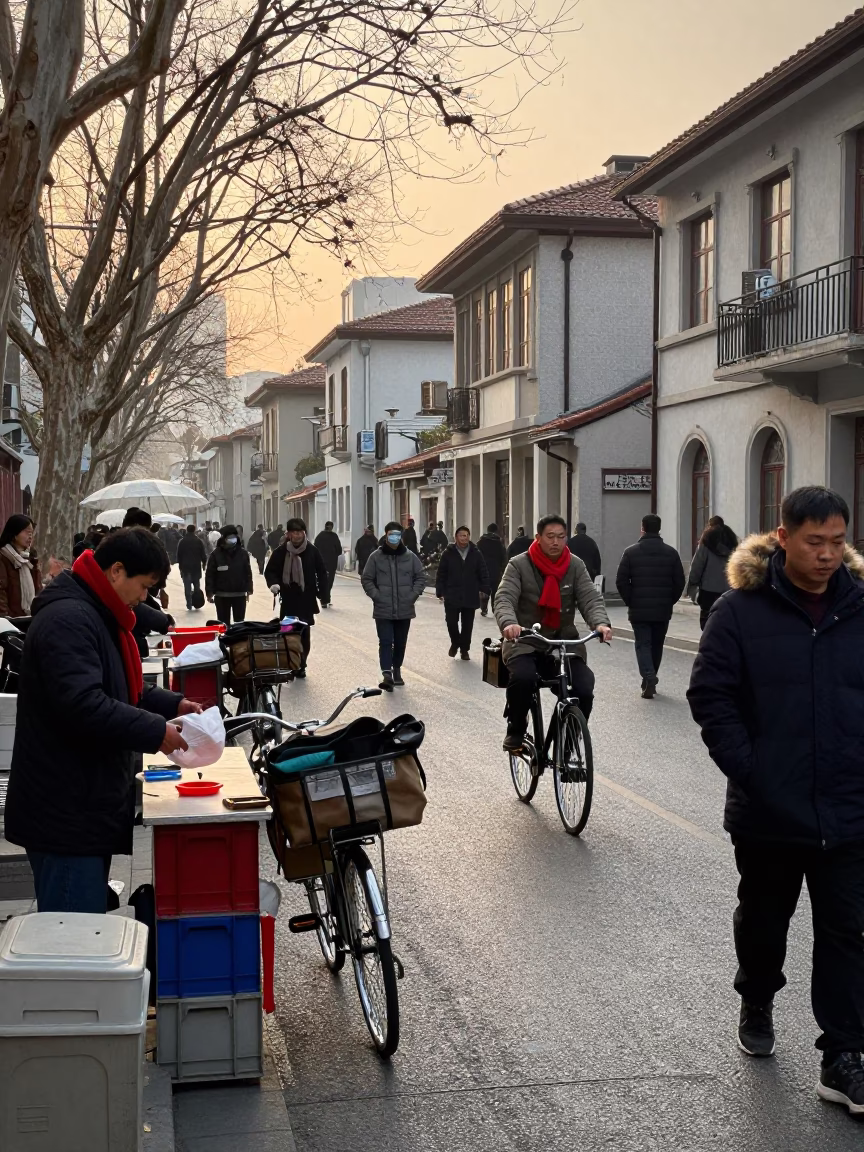 Busy Shanghai street scene just after sunrise with vendors and traditional architecture in in Shanghai, China