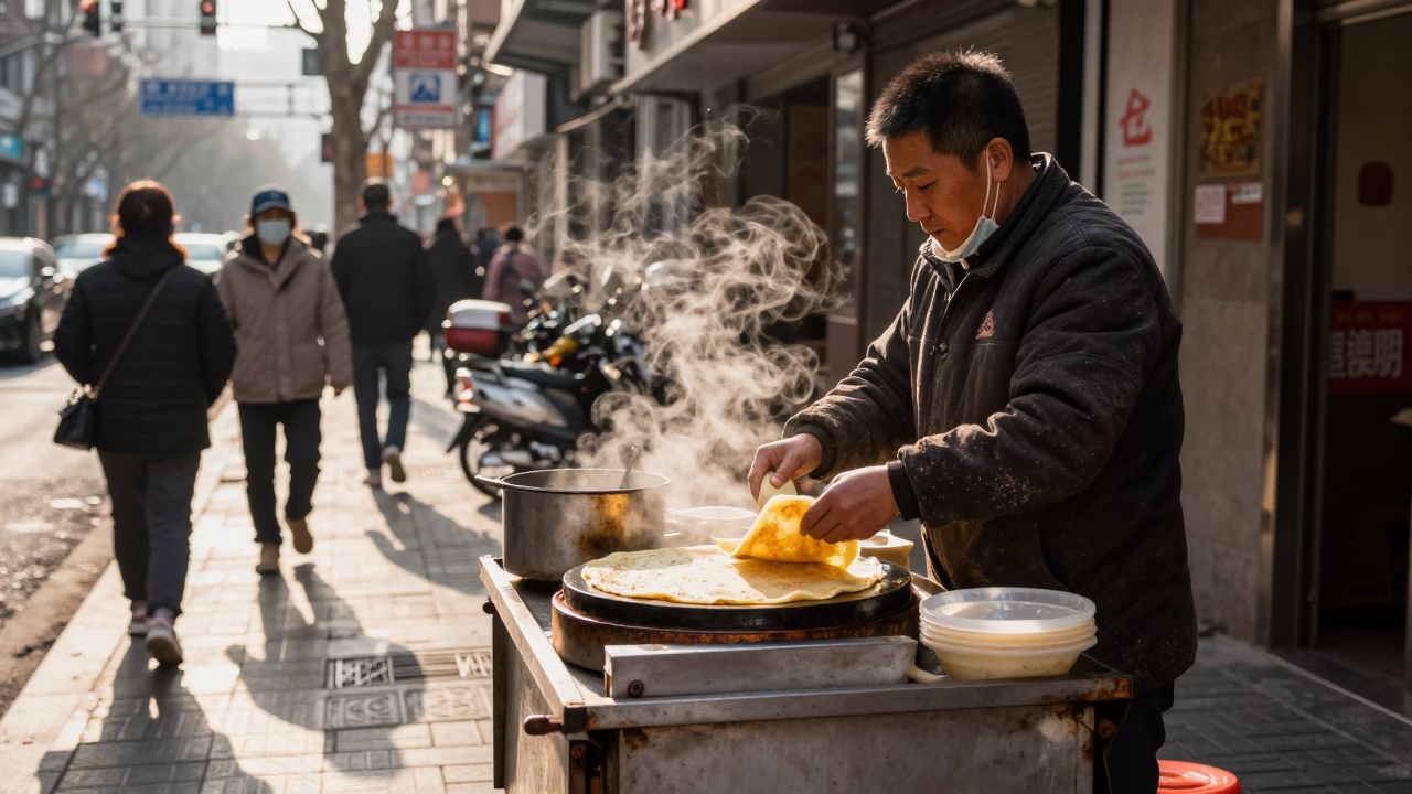 Busy Shanghai Street Scene Late Afternoon Light Jianbing Crepe Vendor and Pedestrians in in Shanghai, China