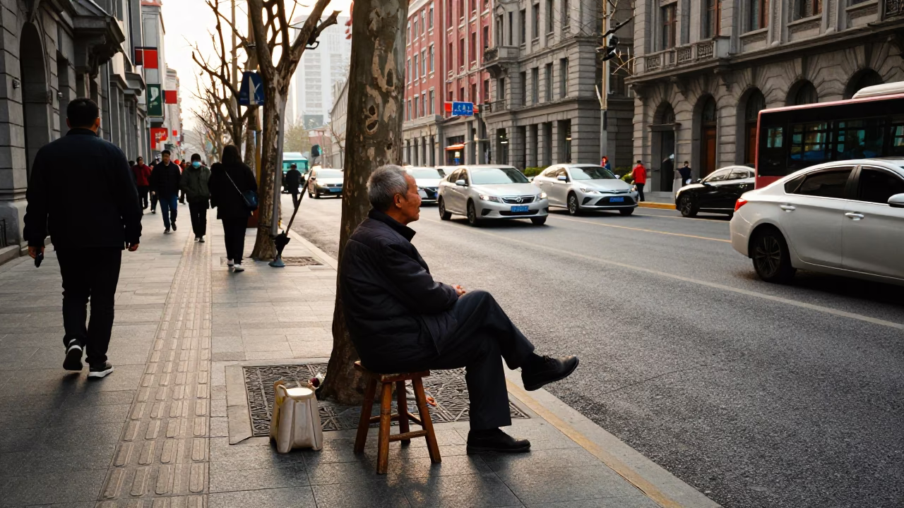 Busy Shanghai Street Scene Late Afternoon with Stool and Model Airplane in in Shanghai, China