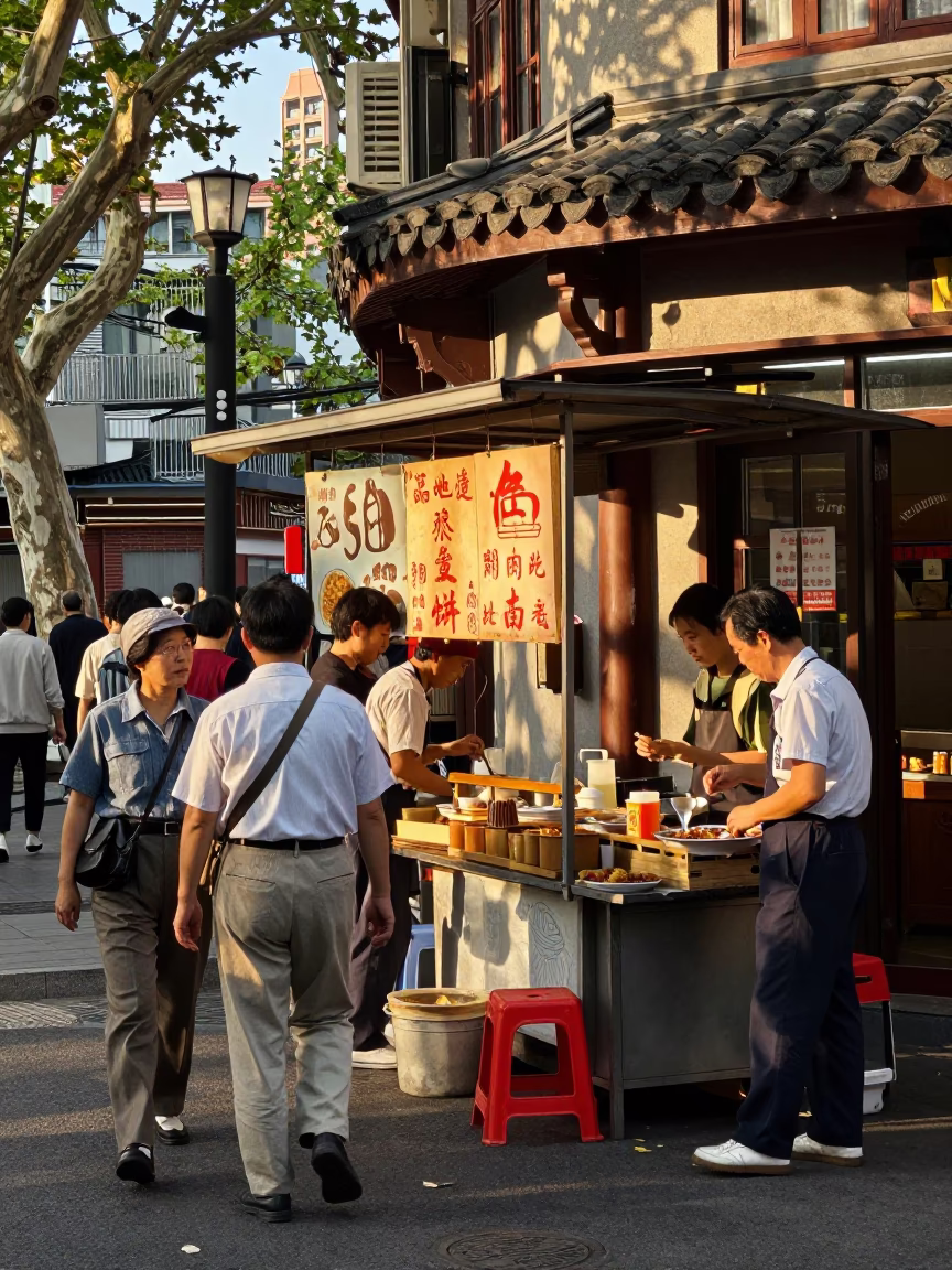 Busy Shanghai Street Scene Late Afternoon with Traditional Food and Urban Life in in Shanghai, China