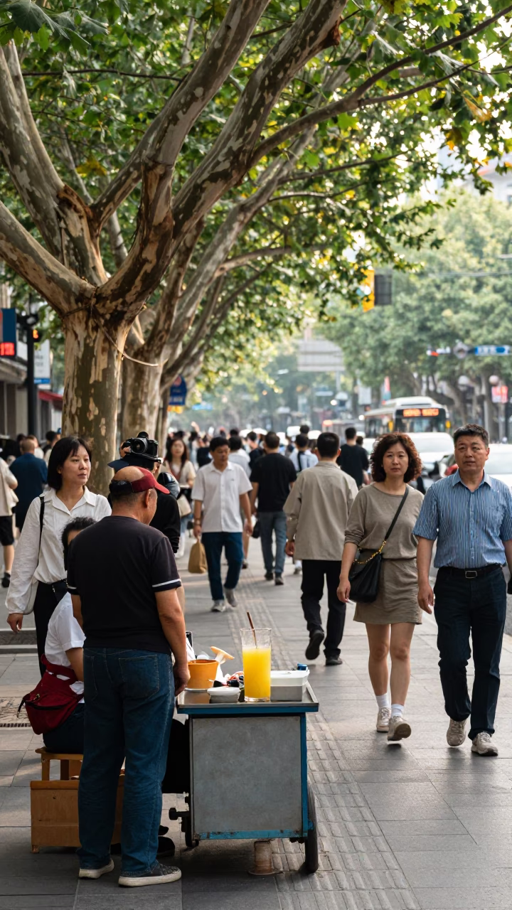 Busy Shanghai Street Scene Late Morning with Banyan Tree and Sugarcane Juice in in Shanghai, China