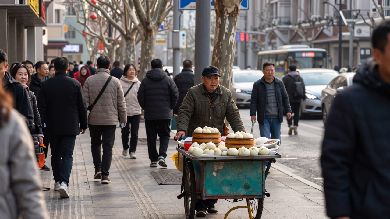 Busy Shanghai Street Scene Late Morning with Local Vendors and Pedestrians in in Shanghai, China