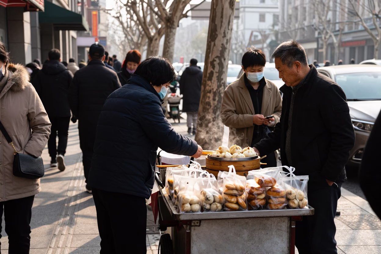 Busy Shanghai Street Scene Late Morning with Pastries and Local Life in in Shanghai, China