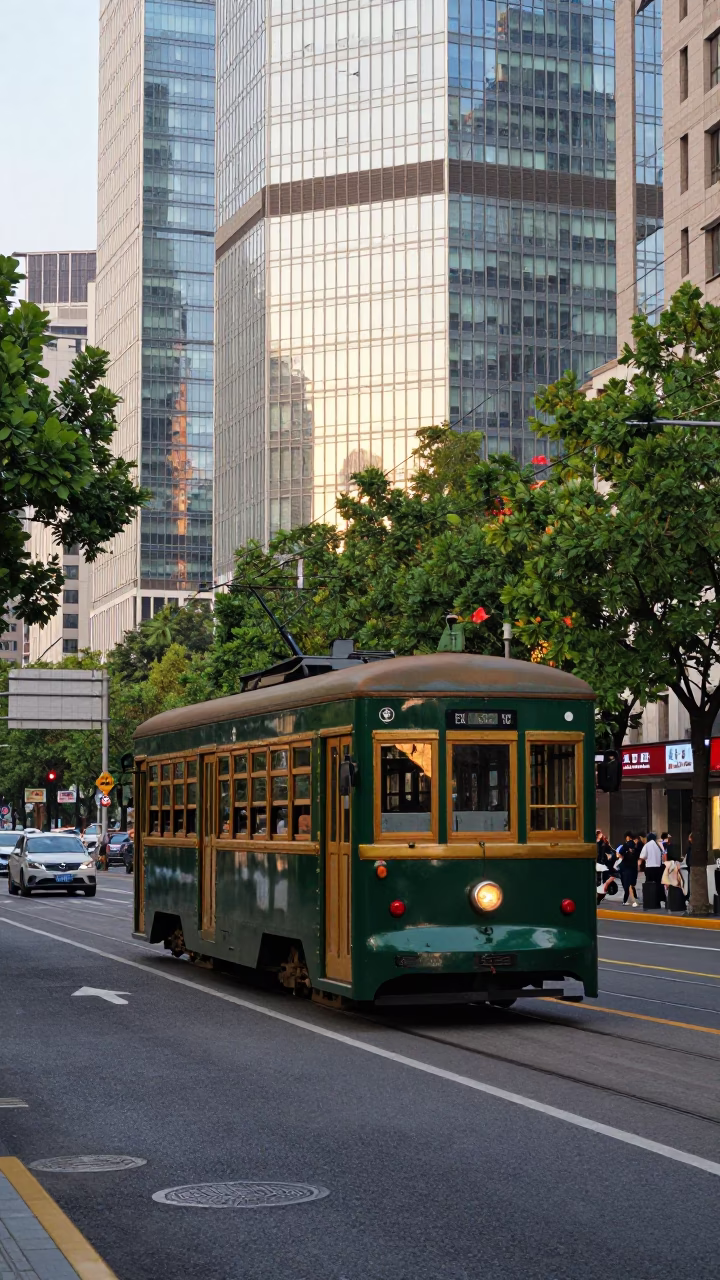 Busy Shanghai Street Scene Late Morning with Vintage Tram and Steam Haze in in Shanghai, China