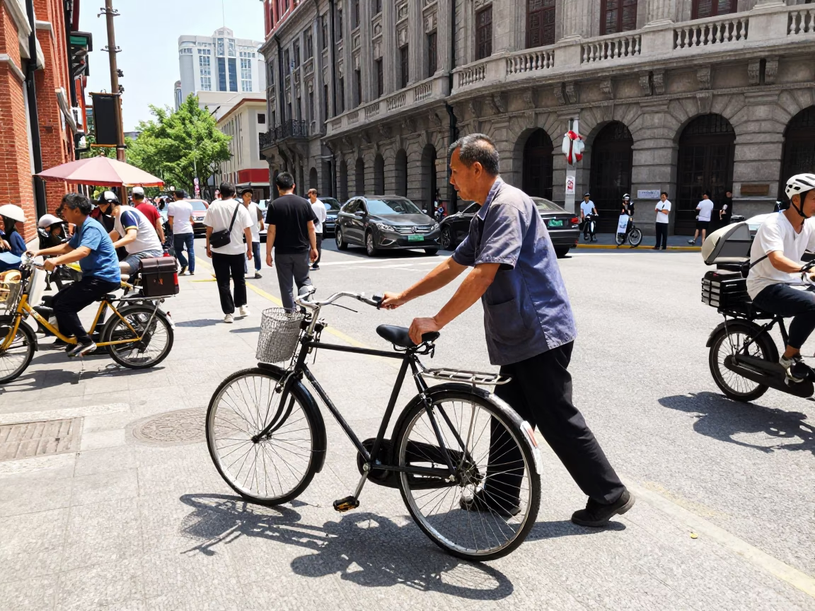 Busy Shanghai Street Scene Noon Light Vintage Bicycle and Local Market Activity in in Shanghai, China