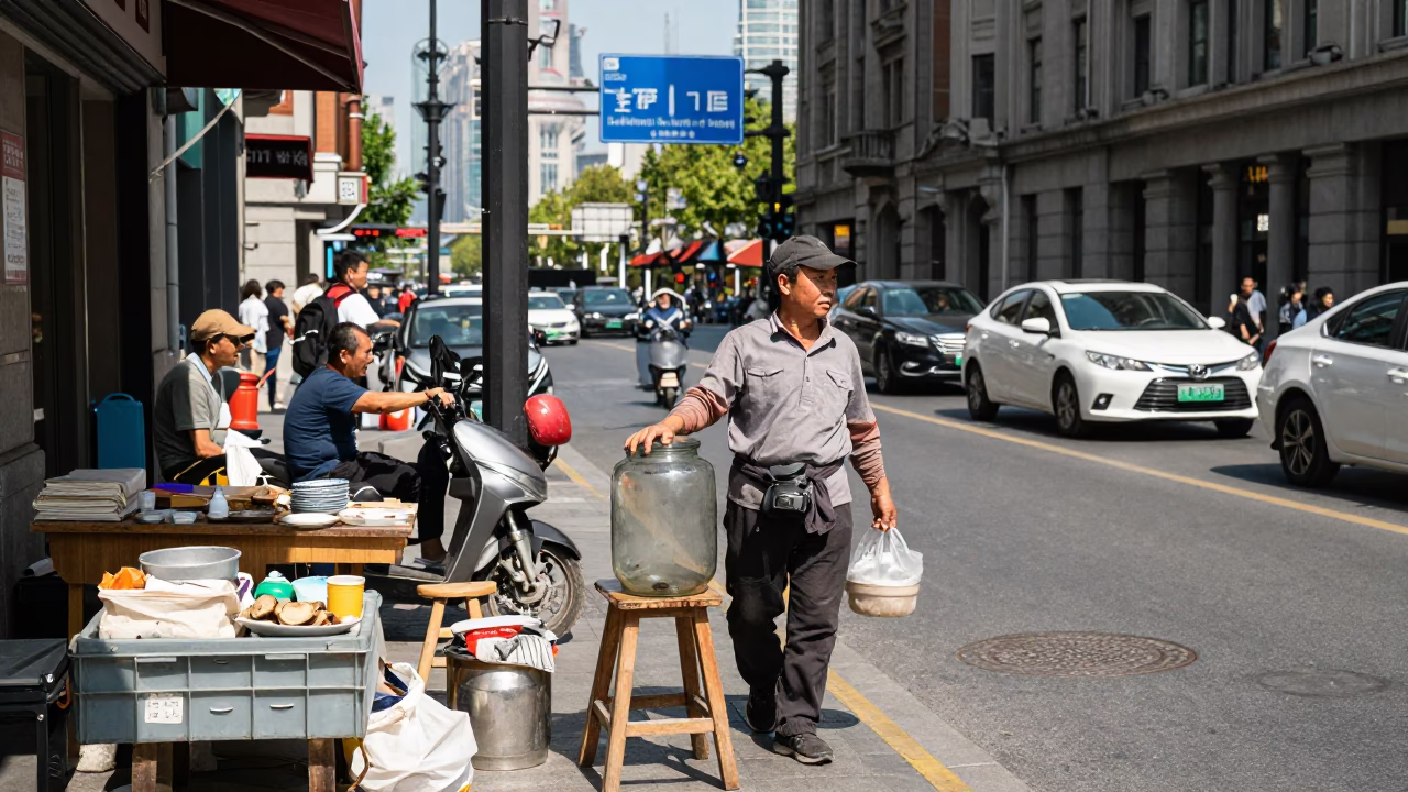 Busy Shanghai street scene under flat noon glare with jar and stool in in Shanghai, China