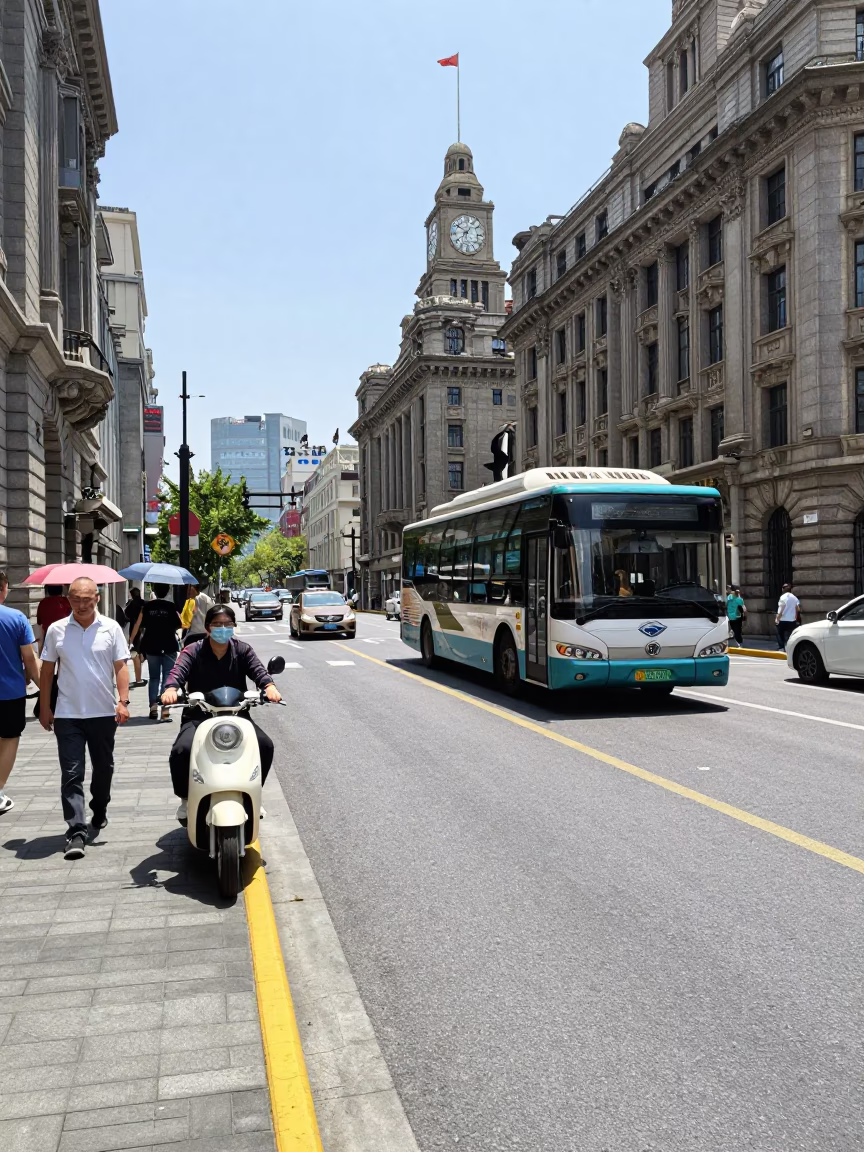Busy Shanghai Street Scene Under Flat Noon Sunlight with Local Shop Details in in Shanghai, China