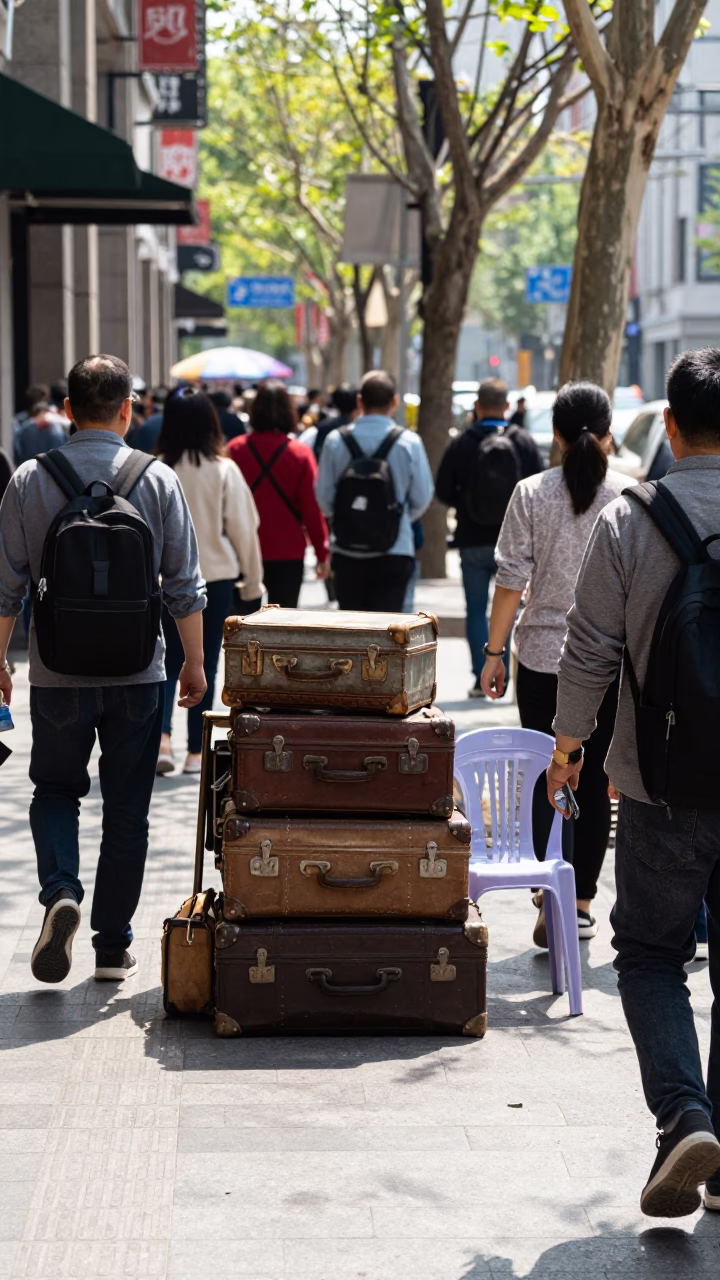 Busy Shanghai Street Scene Under Noon Sun with Suitcases and Local Activity in in Shanghai, China