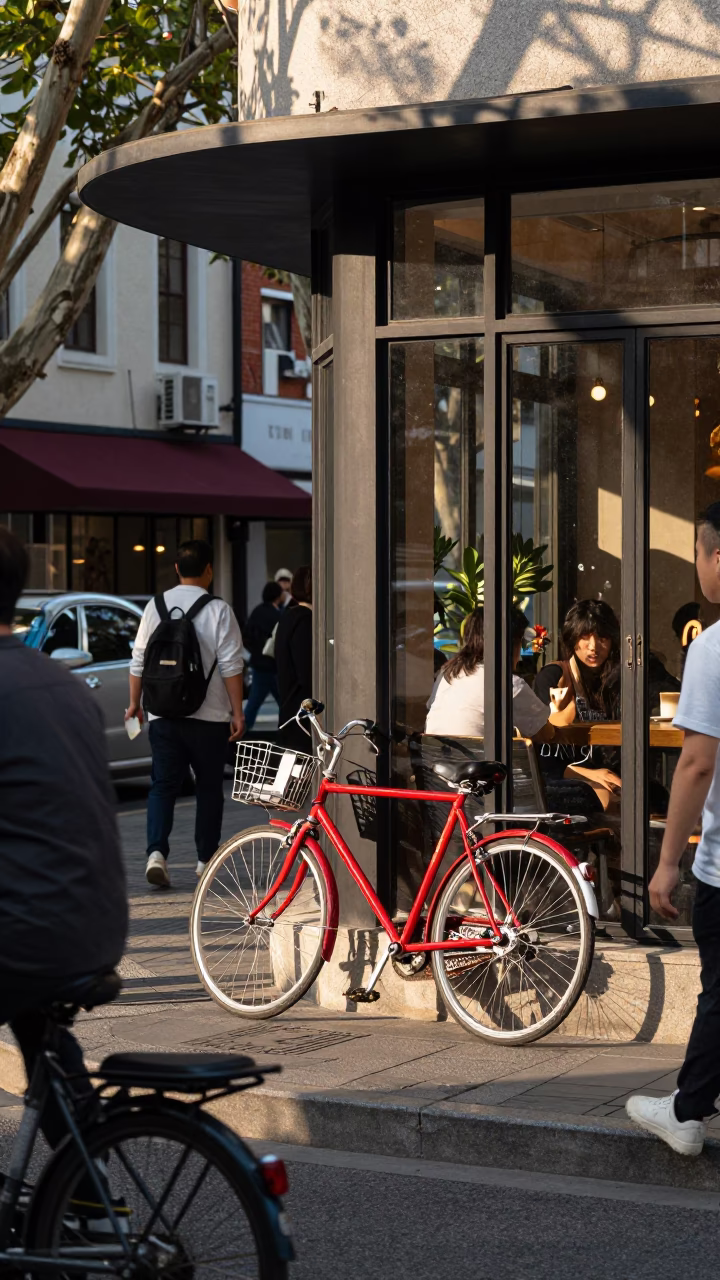 Busy Shanghai Street Scene with Bicycle and Cafe in Late Afternoon Light in in Shanghai, China