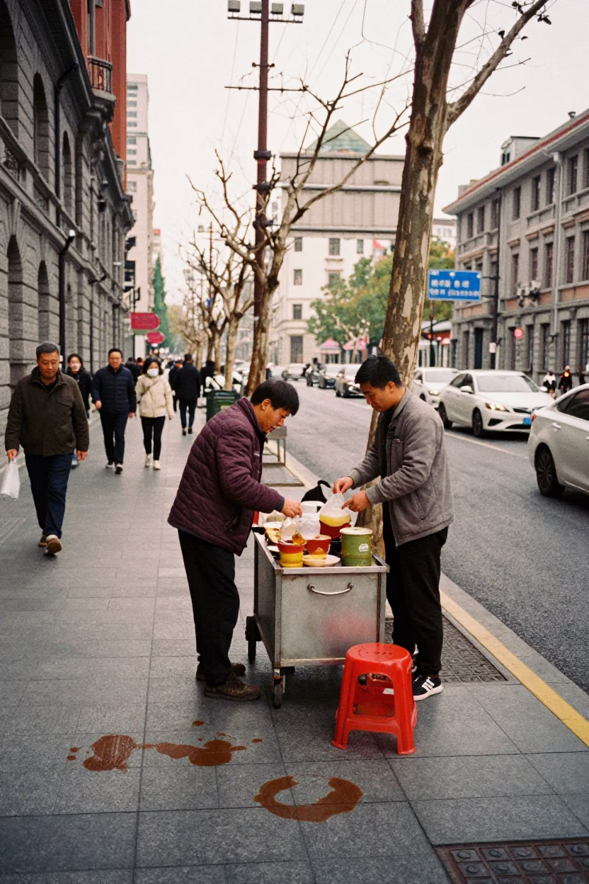 Busy Shanghai Street Scene with Tea Stains and Urban Life in Early Afternoon Light in in Shanghai, China