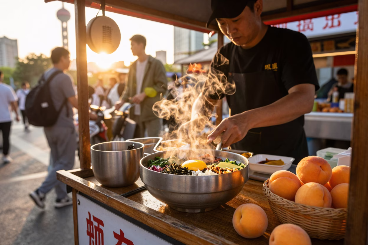 Busy Shanghai Street Stall at Sunset with Bibimbap Bowl and Apricots in in Shanghai, China