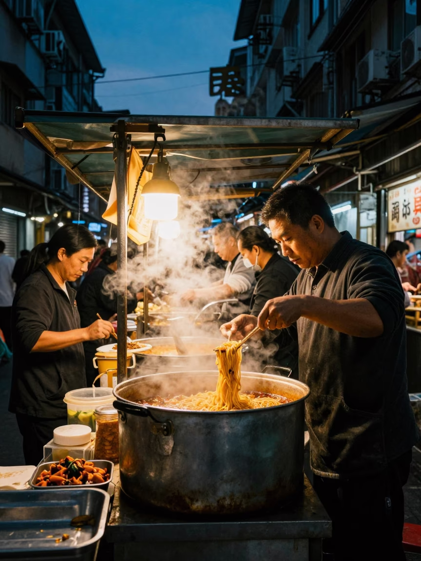 Busy Shanghai Street Stall at Twilight with Noodles and Urban Life in in Shanghai, China