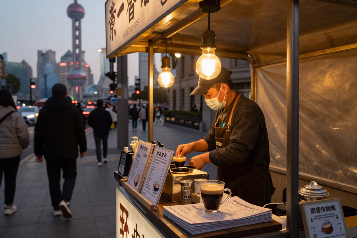 Busy Shanghai Street Stall Evening Light with Espresso and Local Market Details in in Shanghai, China