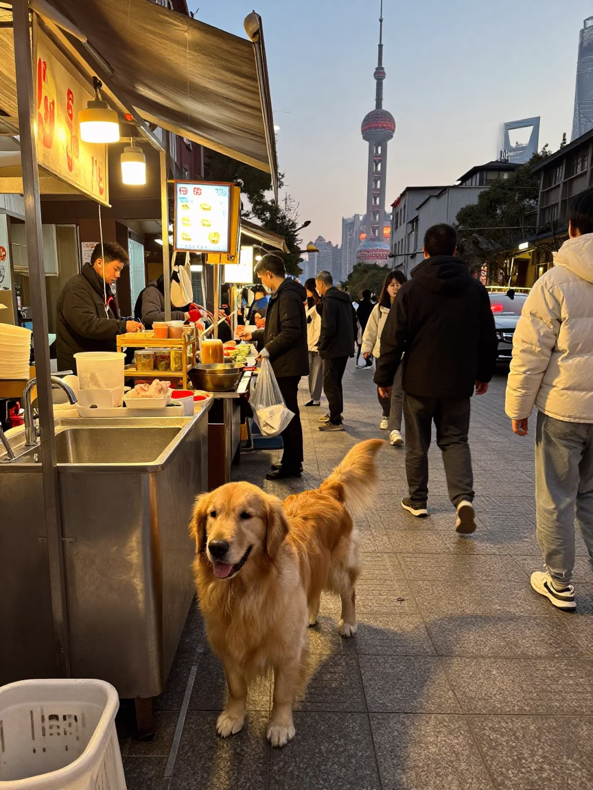 Busy Shanghai Street Stall Evening with Golden Retriever and Wash Basin in in Shanghai, China