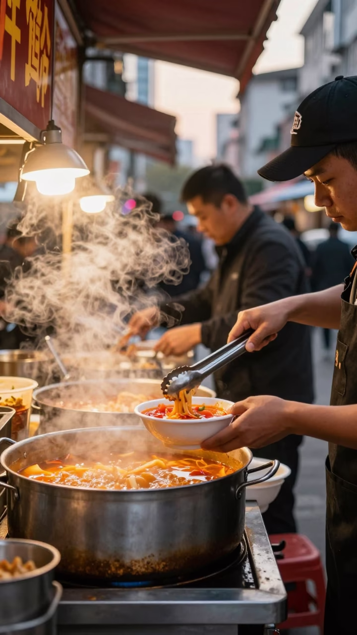 Busy Shanghai Street Stall Evening with Tom Yum Goong and Kitchen Tongs in in Shanghai, China