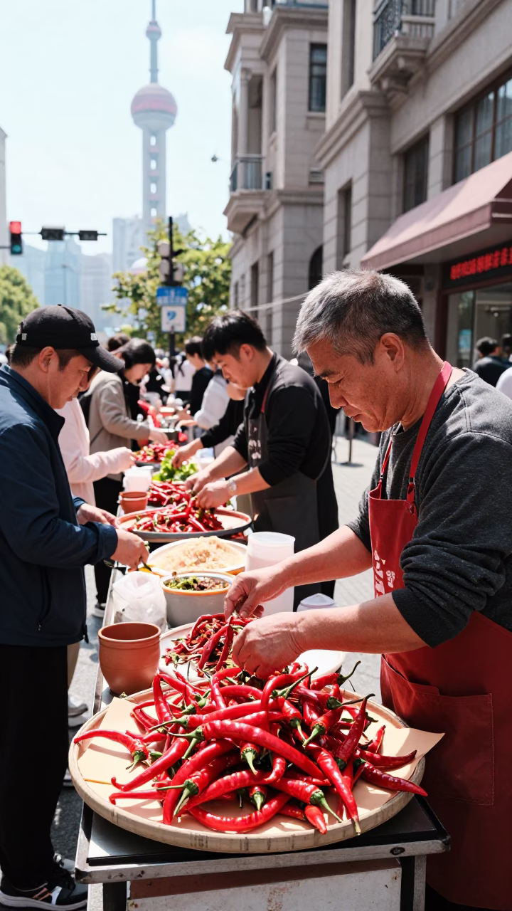 Busy Shanghai Street Stall in Bright Midmorning Light with Chili Peppers and Terracotta Pot in in Shanghai, China