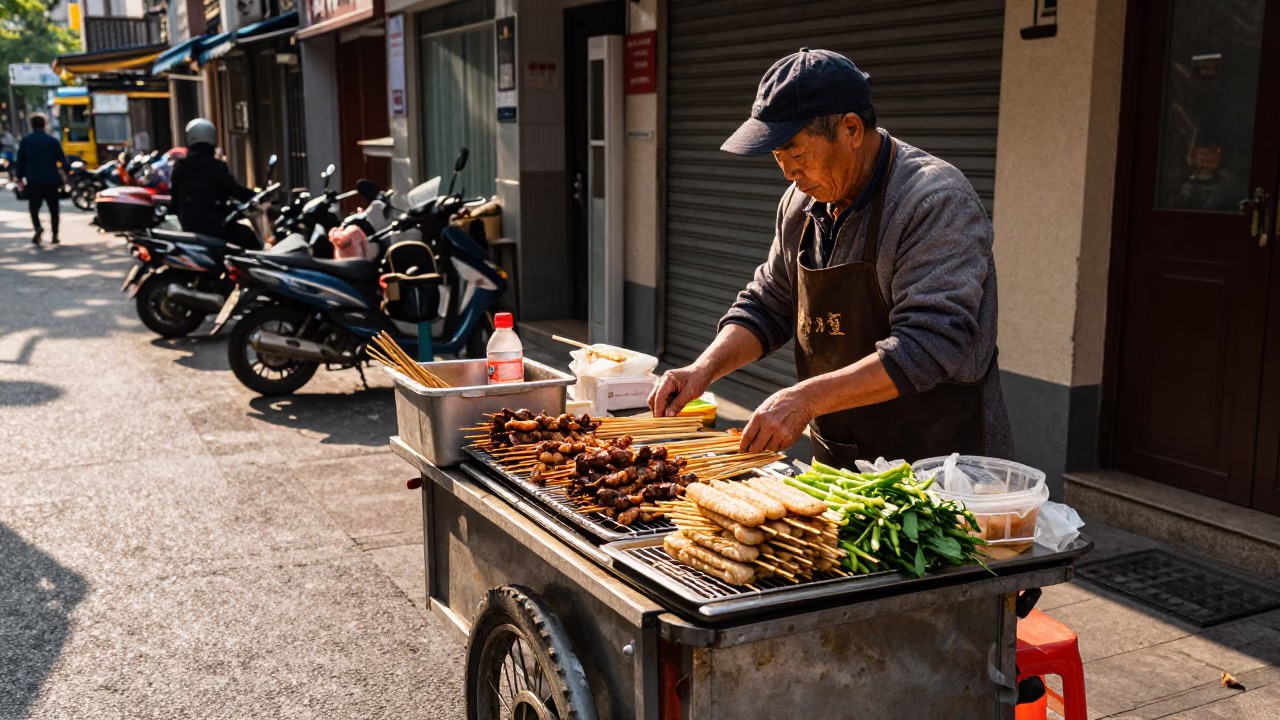 Busy Shanghai Street Stall Vendor Preparing Local Snacks in Early Afternoon Light in in Shanghai, China
