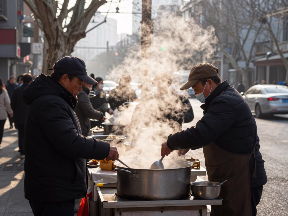 Busy Shanghai street vendor stall early morning with steam and colorful produce in in Shanghai, China