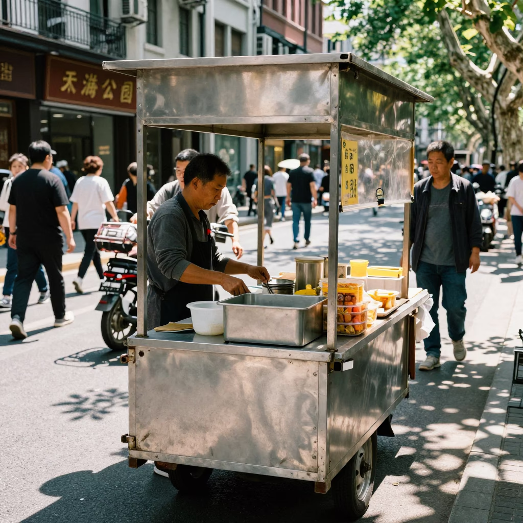 Busy Shanghai Street Vendor Stall Under Harsh Noon Sun with Customer Interaction in in Shanghai, China