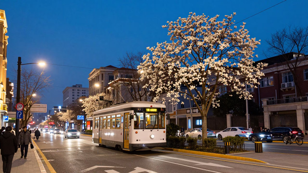 Busy Shanghai Twilight Street Scene with Tramcar and Magnolia Tree Bloom in in Shanghai, China