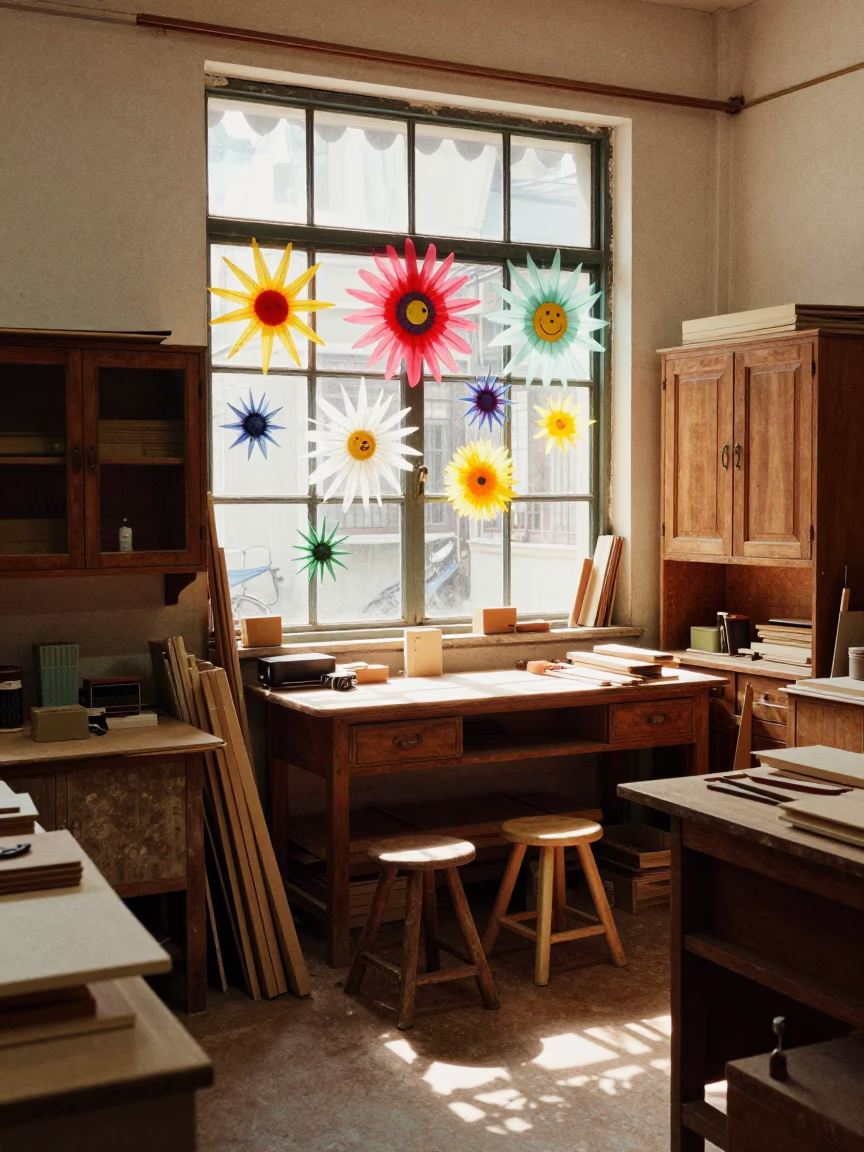 Busy Shanghai Workshop Interior with Wooden Furniture and Traditional Tools at Midday in in Shanghai, China