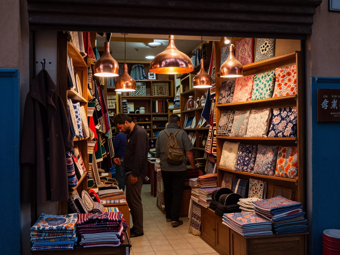 Busy Shop Interior in Essaouira Morocco with Copper Light and Local Crafts in in Essaouira, Morocco