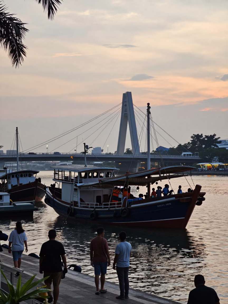 Busy Singapore Harbor at Dawn with Junk Boat and Drawbridge Reflection in in Singapore, Singapore