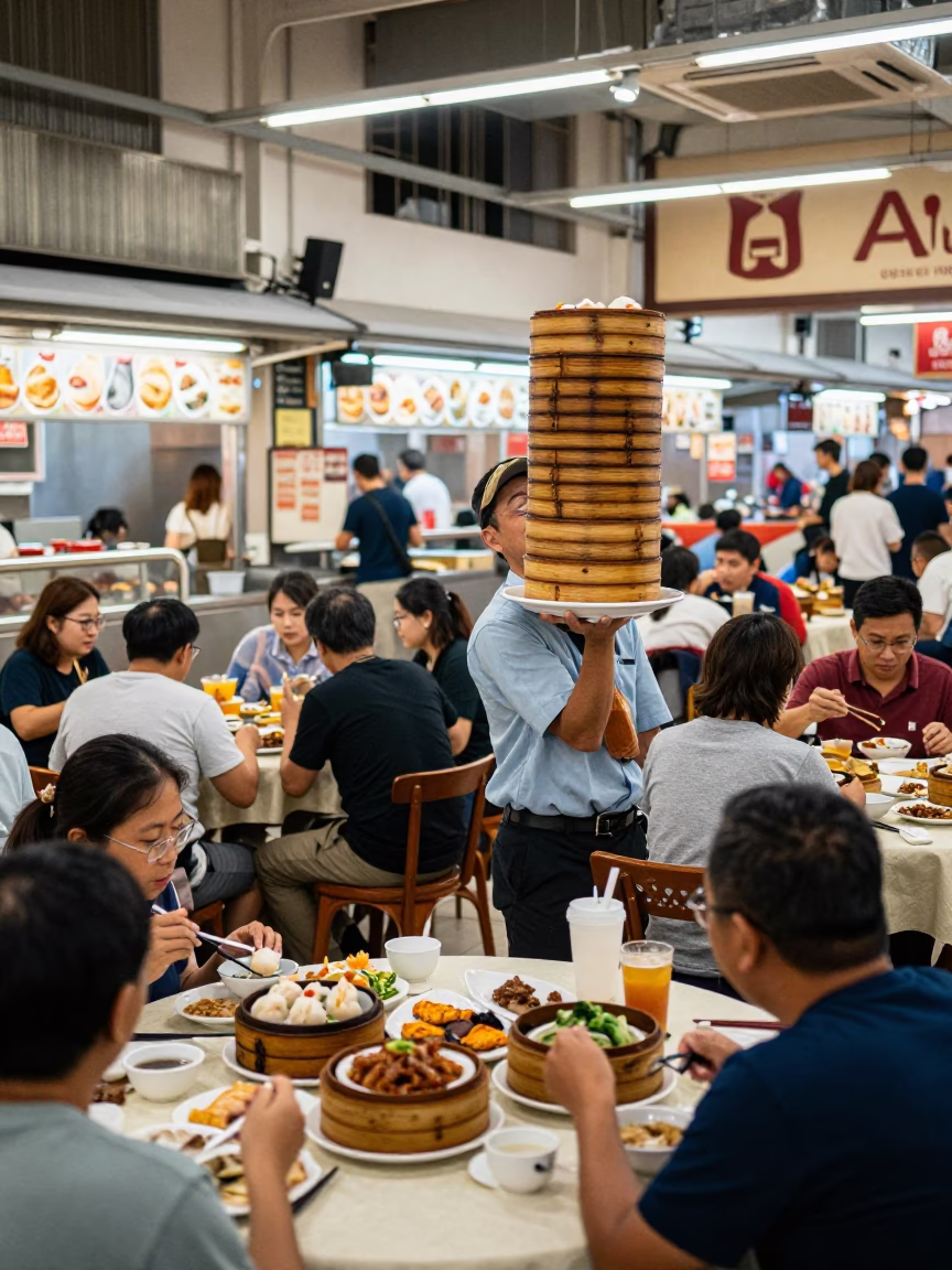 Busy Singapore Hawker Center Late Morning Steam Dim Sum and Street Life in in Singapore, Singapore