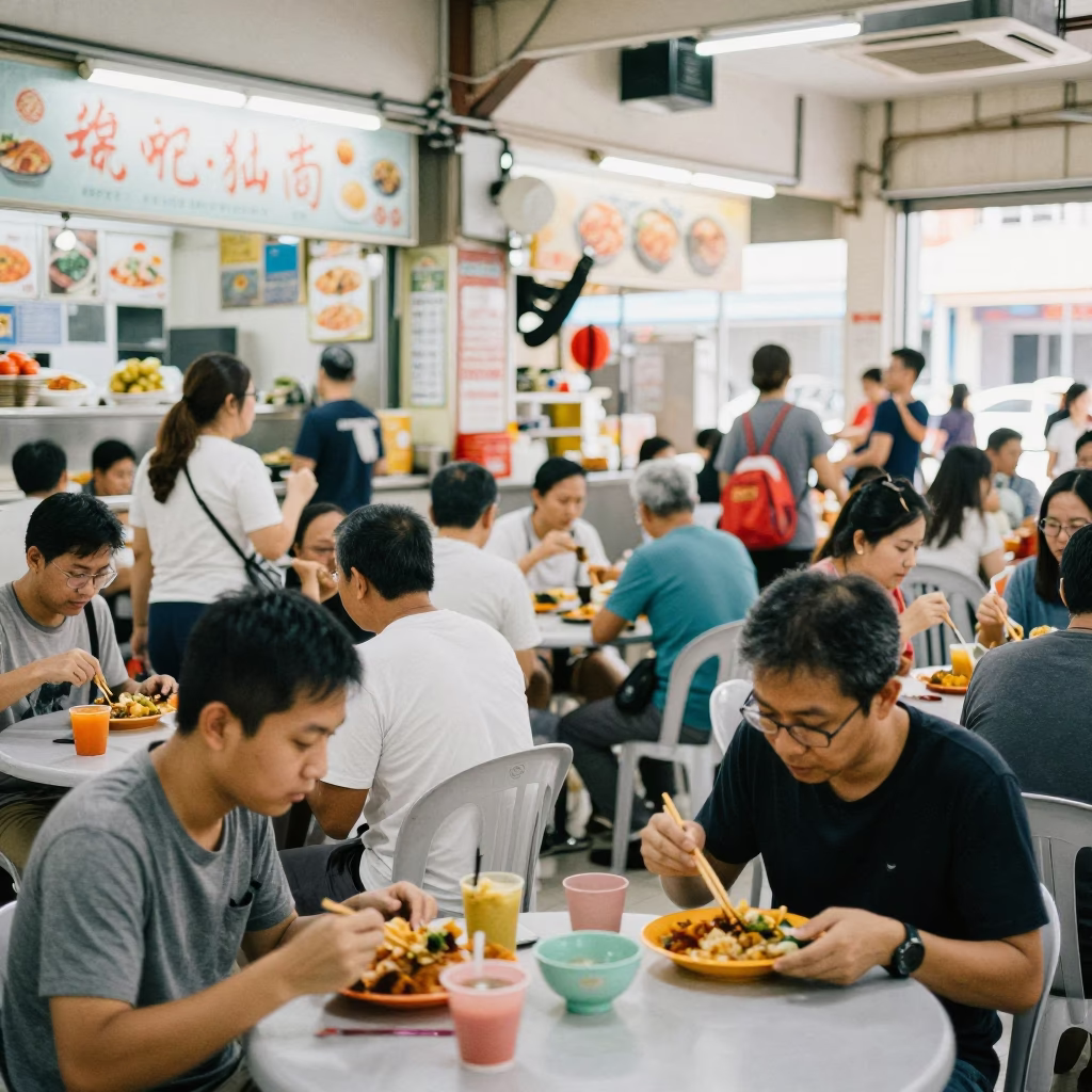 Busy Singapore Hawker Center Stall Midday Dining Experience Local Food Culture in in Singapore, Singapore