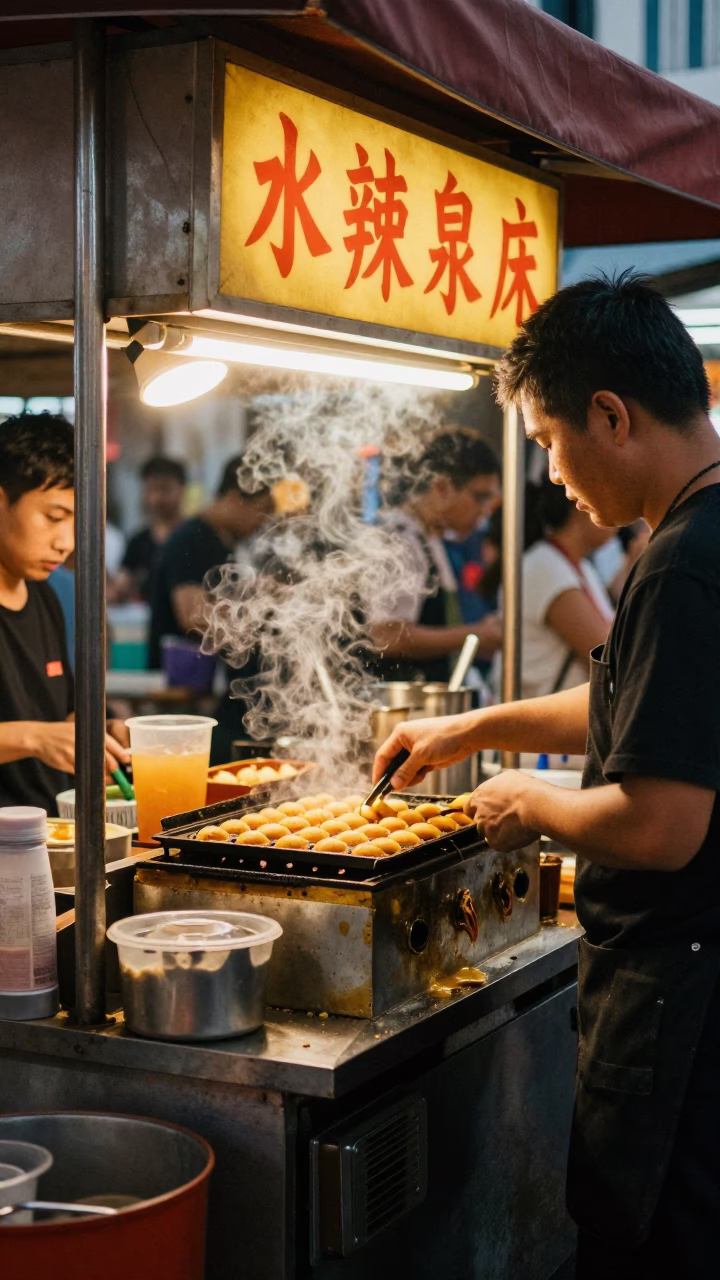 Busy Singapore Hawker Center Stall with Takoyaki Grill and Honeyed Evening Light in in Singapore, Singapore