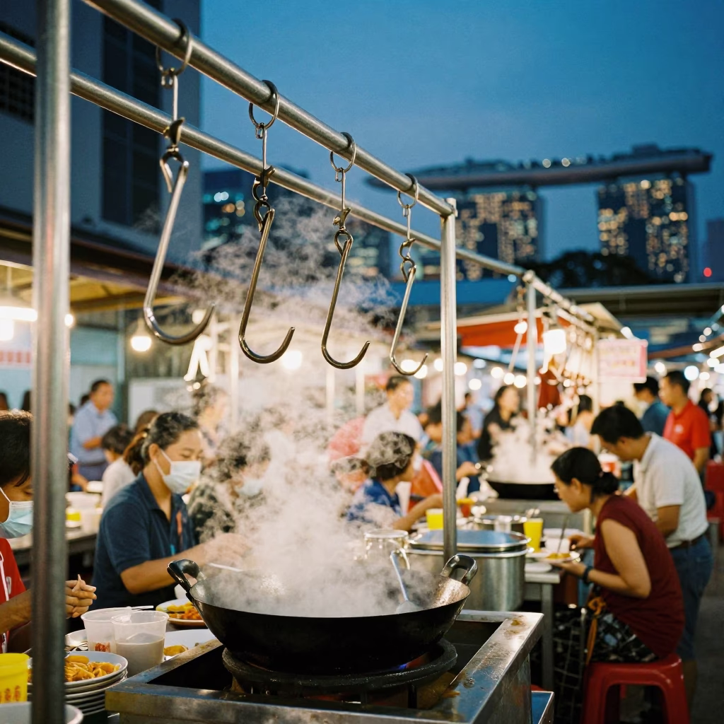Busy Singapore Hawker Centre Dusk with Iron Hooks and Ceramic Pots in in Singapore, Singapore