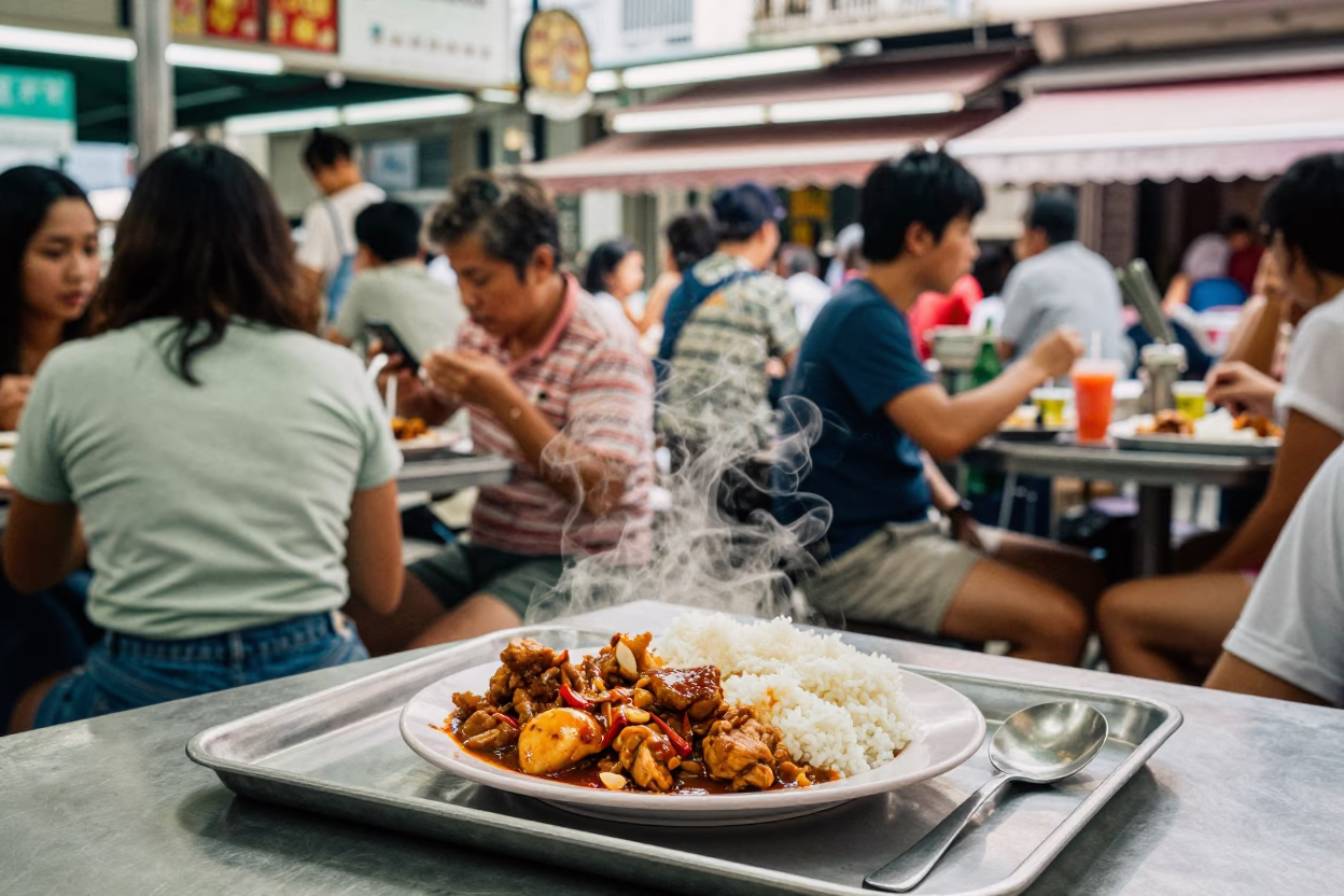 Busy Singapore Hawker Centre Lunch with Chicken Adobo Rice and Tamarind Tree in in Singapore, Singapore