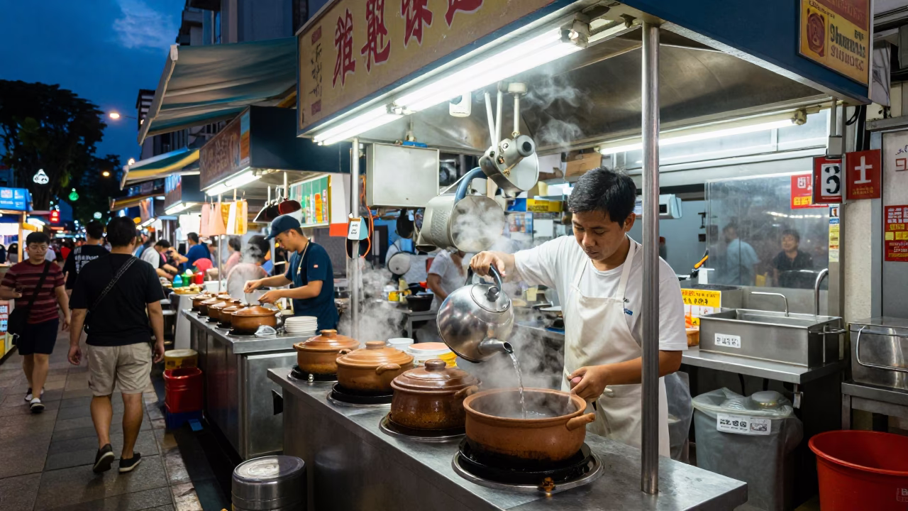 Busy Singapore Hawker Centre Stall at Twilight with Electric Kettle and Condiments in in Singapore, Singapore
