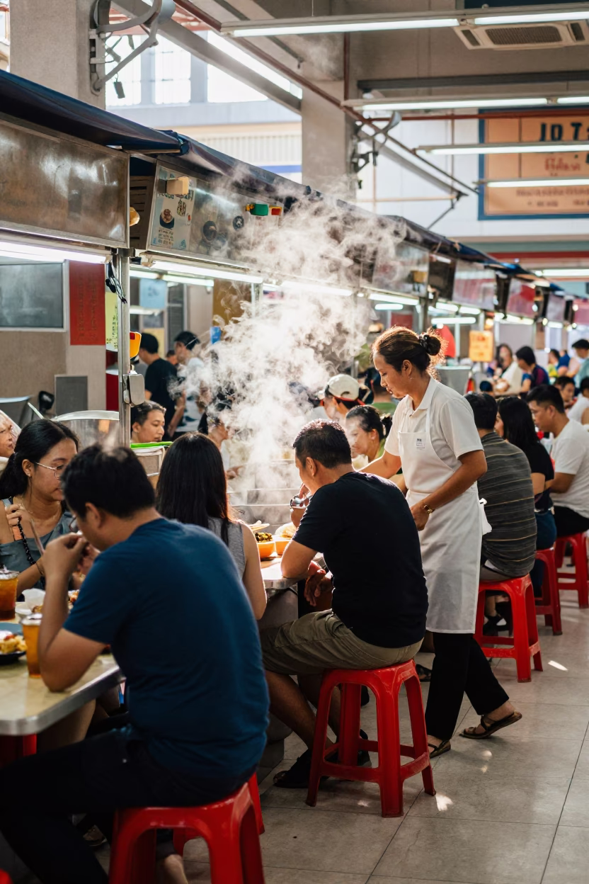 Busy Singapore Hawker Centre Stall Midday with Steam and Local Diners in in Singapore, Singapore
