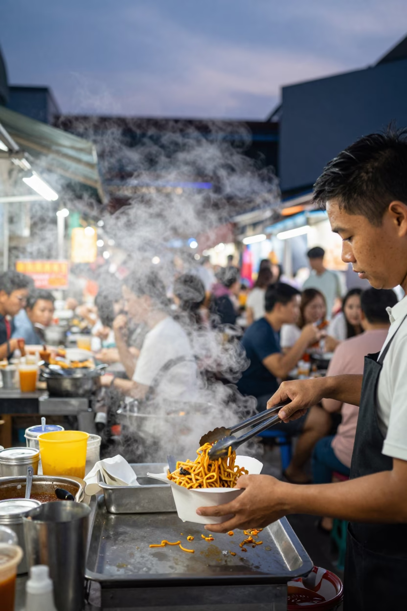 Busy Singapore Hawker Centre Twilight Scene with Steam Haze and Model Ship in in Singapore, Singapore