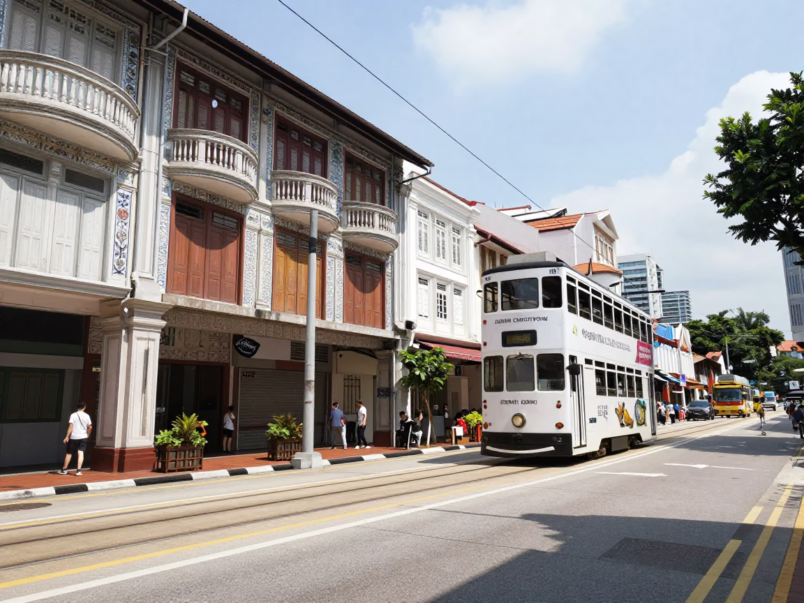 Busy Singapore Midday Street Scene with Tram and Art Nouveau Facades in in Singapore, Singapore