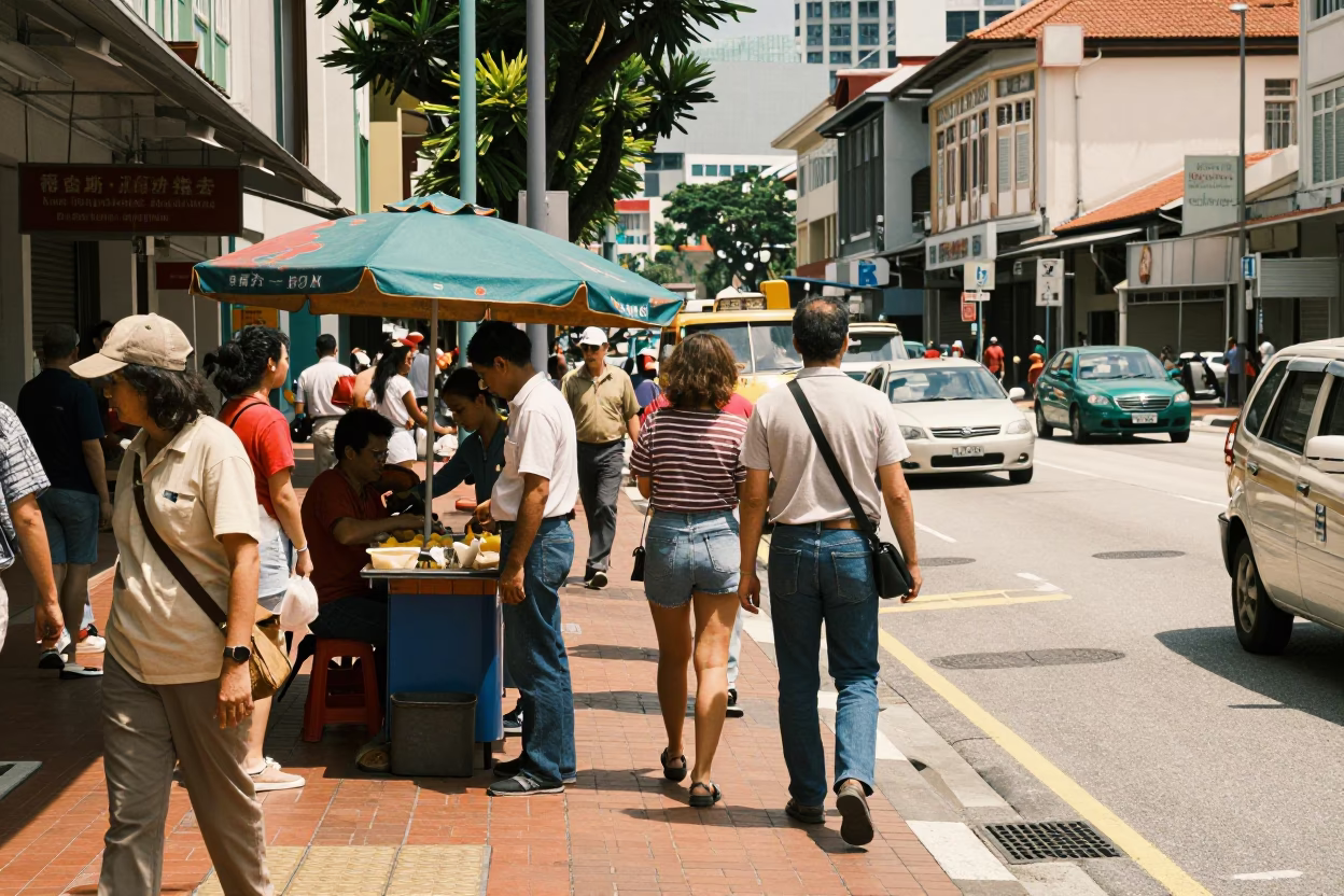 Busy Singapore Midday Street Scene with Vintage 1980s Aesthetic and Local Details in in Singapore, Singapore