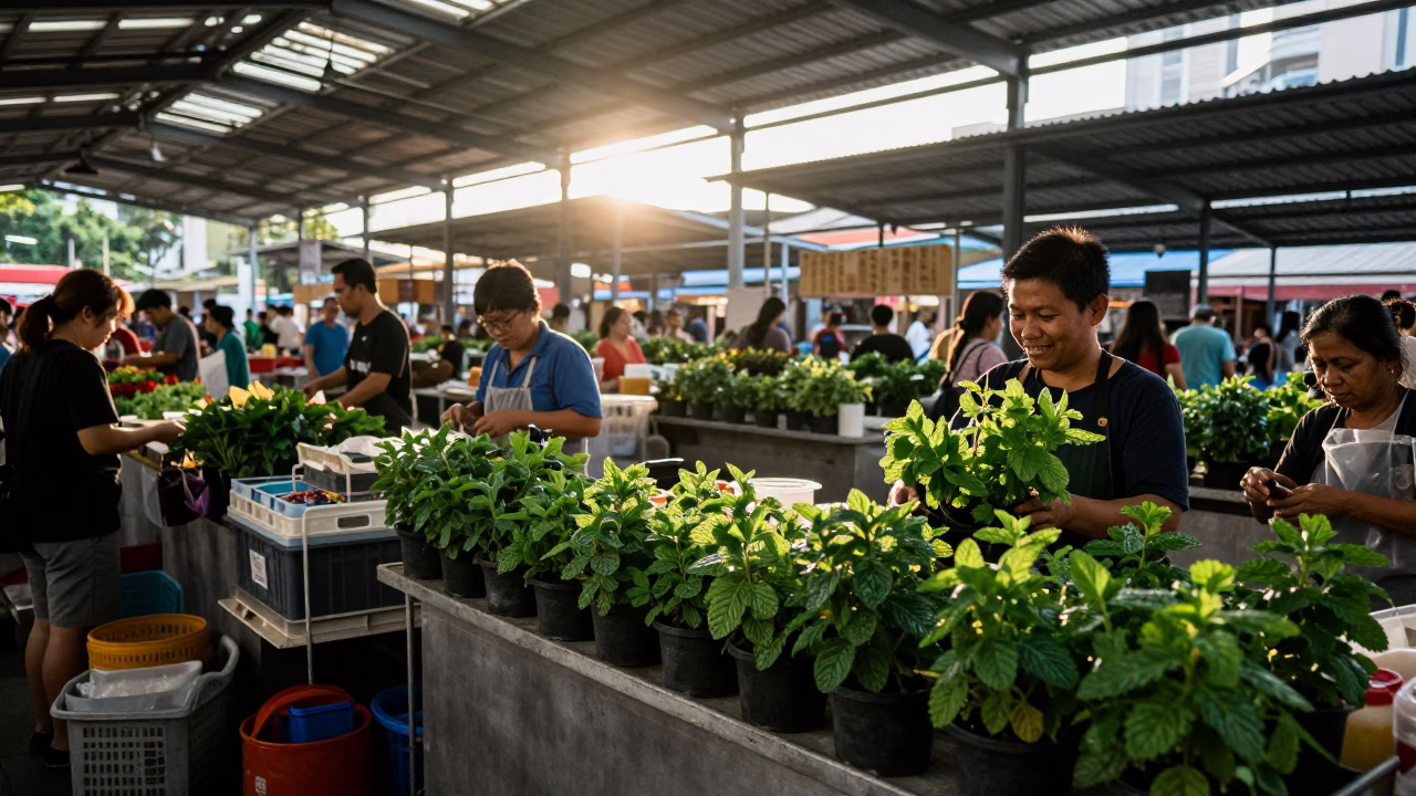 Busy Singapore Morning Market Stall at Dawn with Potted Herbs and Local Vendors in in Singapore, Singapore