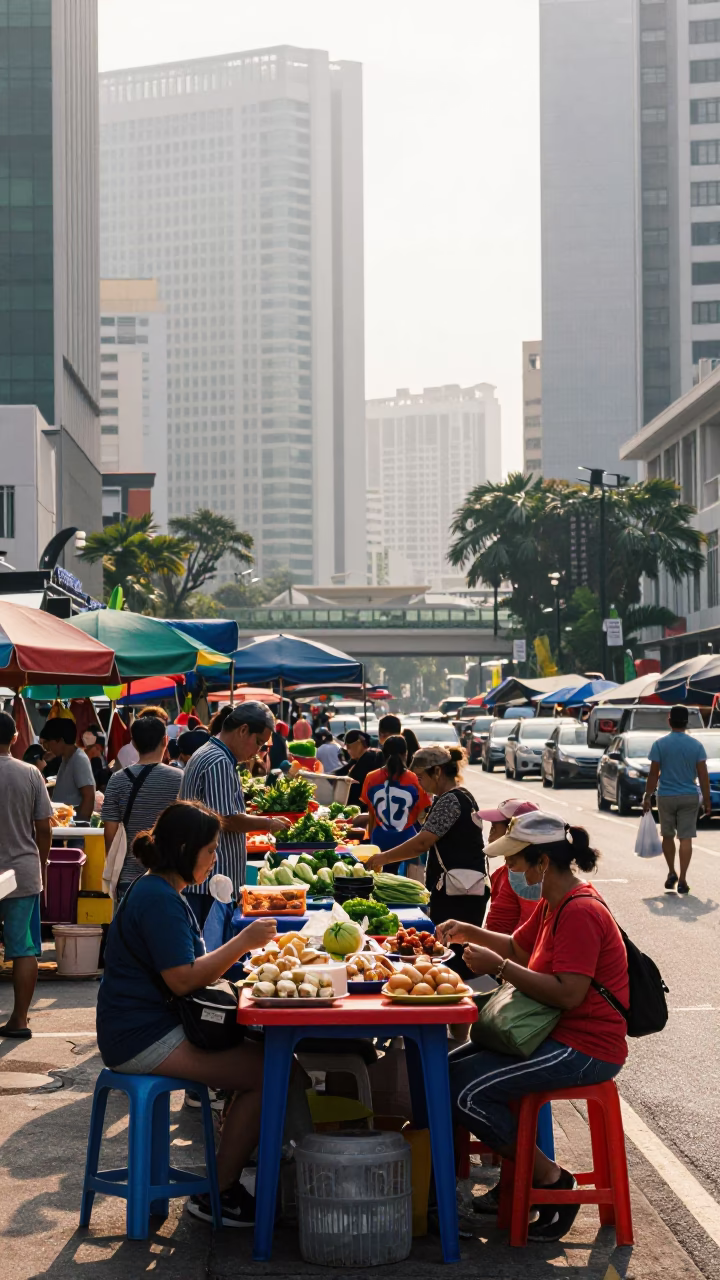 Busy Singapore Morning Street Scene with Local Market Stalls and Early Commuters in in Singapore, Singapore