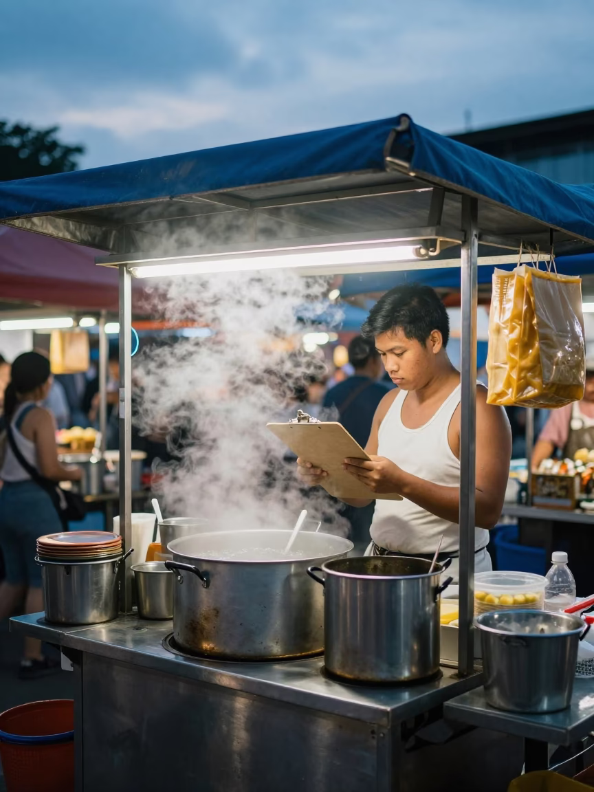Busy Singapore Night Market Stall Before Sunrise with Clipboard and Steam in in Singapore, Singapore