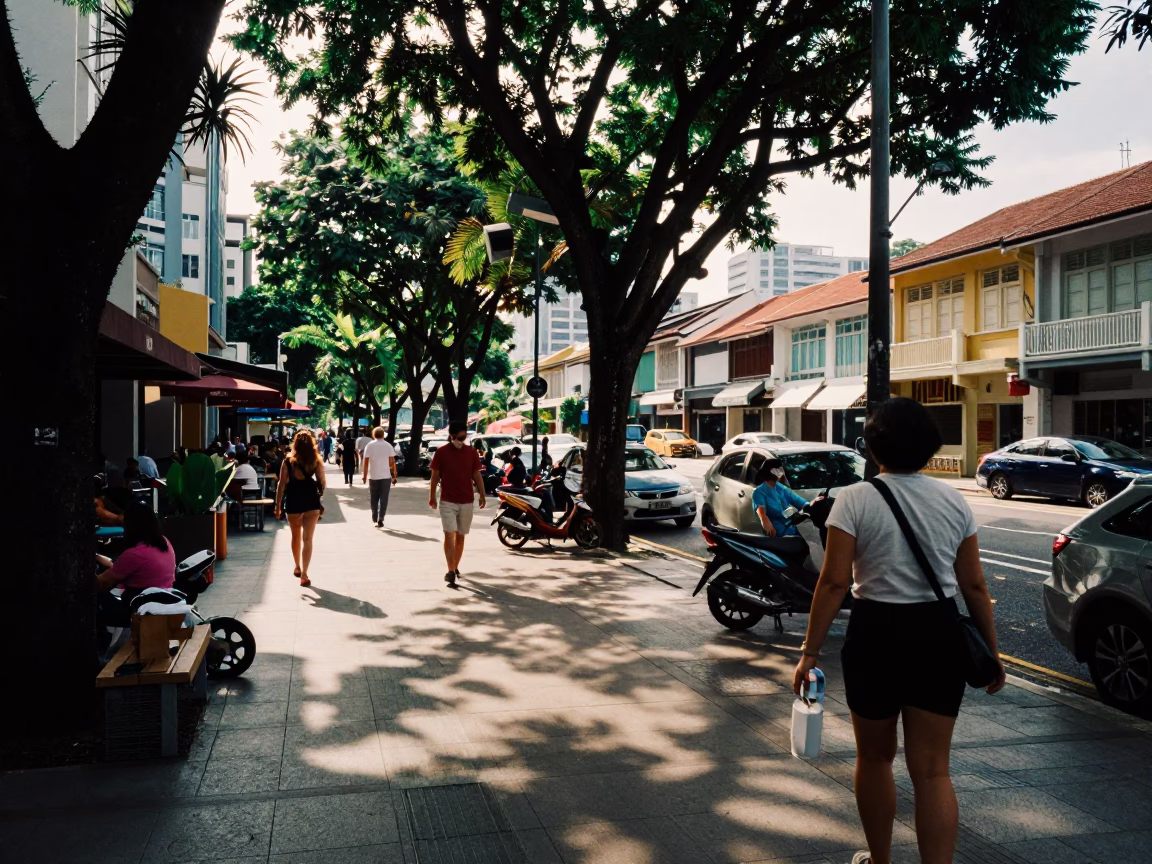 Busy Singapore Street Corner Afternoon with Thermos and Work Gloves Near MRT Station in in Singapore, Singapore
