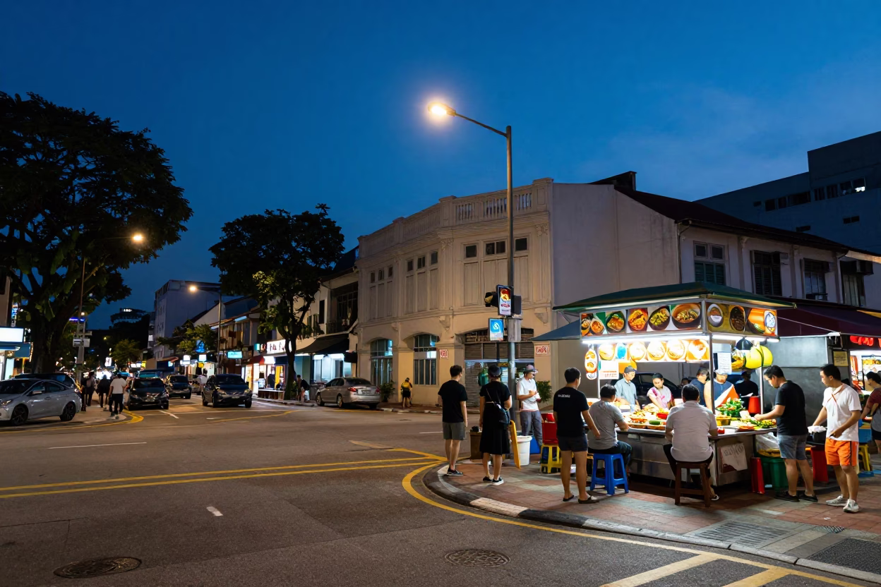 Busy Singapore Street Corner at Indigo Twilight with Scattered Flower Petals and Urban Activity in in Singapore, Singapore