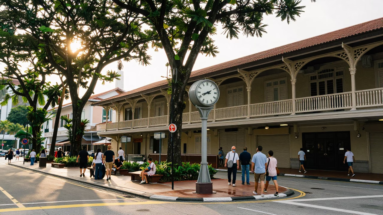 Busy Singapore Street Corner Just After Sunrise with Vintage 1950s Aesthetic and Local Life in in Singapore, Singapore