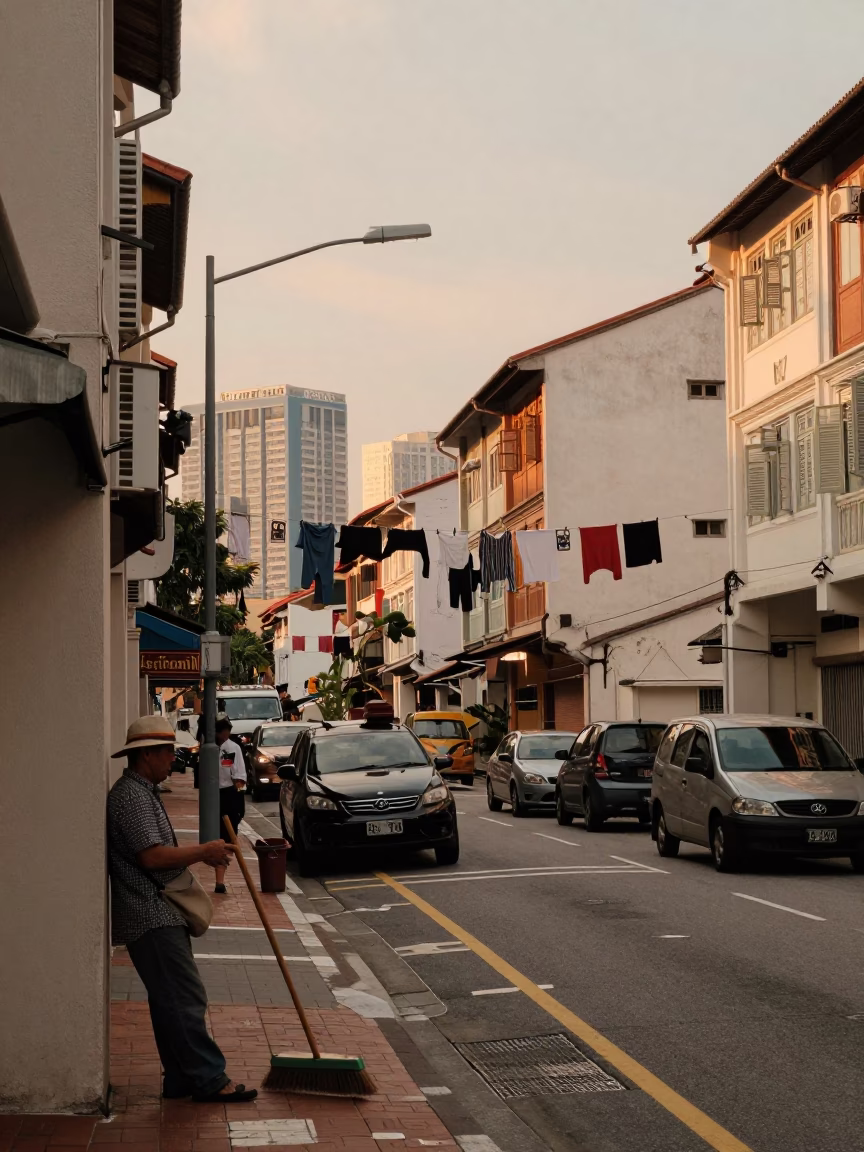 Busy Singapore Street Evening with Brooms and Clotheslines in Honeyed Light in in Singapore, Singapore